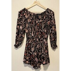 Free People Pretty and Free Romper Shorts Women Size S Black Floral Long Sleeve